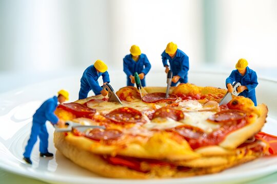 Miniature Construction Crew Building a Pizza