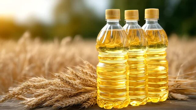 Close-up of three plastic bottles of soy oil with dew-kissed wheat stalks in the background, highlighting the golden hue of the oil and emphasizing its natural seed origin and indu