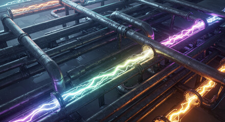 Obraz premium A complex network of metal pipes carrying colorful electrical currents and energy discharges inside them