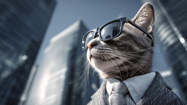 Confident business cat in sunglasses against city skyscrapers, humorous corporate mascot stock image for branding, advertising, and lighthearted professional presentations