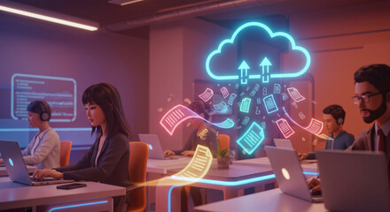 People working on laptops with a cloud computing graphic in a modern office environment scene