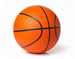 Classic orange basketball with pebbled surface and black grooves, placed on white backdrop