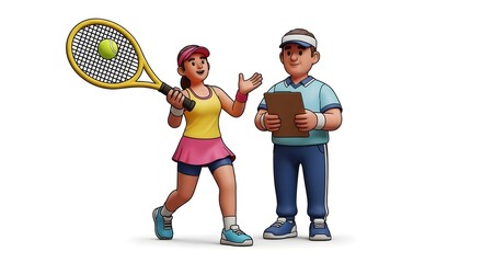 Cartoon tennis player with racket and ball being coached by a cartoon coach man