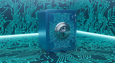 A futuristic digital safe glows with circuit patterns, representing cybersecurity, data protection, and the secure storage of information in the digital age