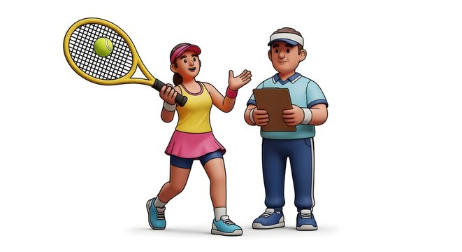 Cartoon tennis player with racket and ball being coached by a cartoon coach man
