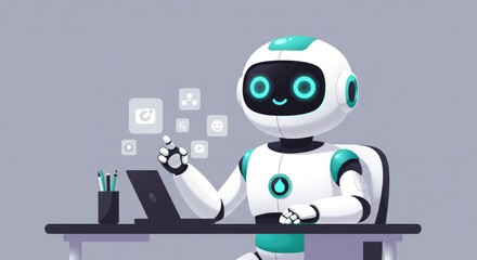 Cute robot using laptop