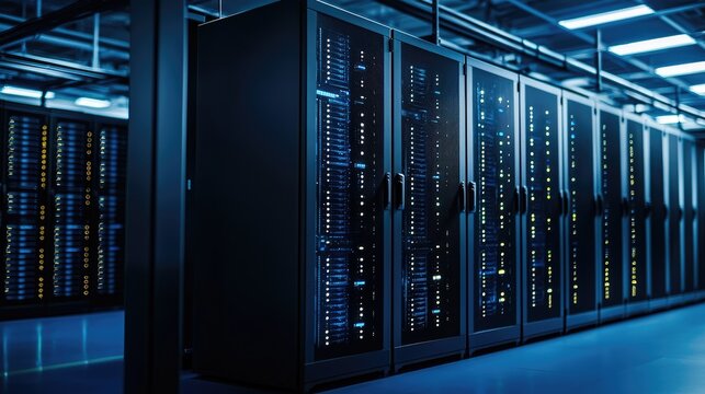 Advanced data center with rows of black server cabinets and illuminated status lights under blue LED lighting, perfect for cloud computing, network infrastructure, or cybersecurity themes - Powered by Adobe