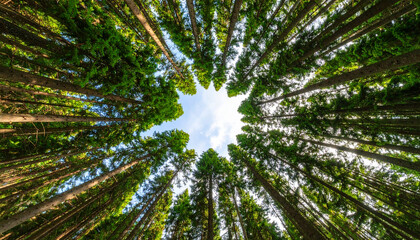 Skyward Gaze Majestic Trees Reaching for Sunlight in a Dense Forest Canopy, Creating a Natural Starburst