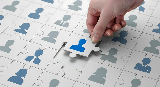 Placing the right person in the puzzle, symbolizing human resource management and recruitment, emphasizing talent acquisition and team building