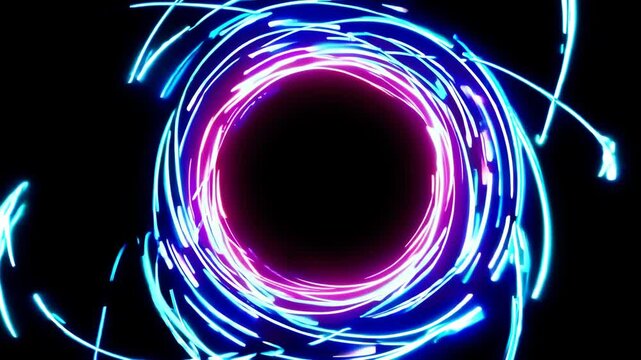 NEON circle. Futuristic background. Multiple lines swirls. Blue and pink colors. Glowing ring. Isolated on black