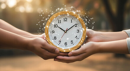 Two hands gently hold a clock, symbolizing the importance of time management and seizing opportunities