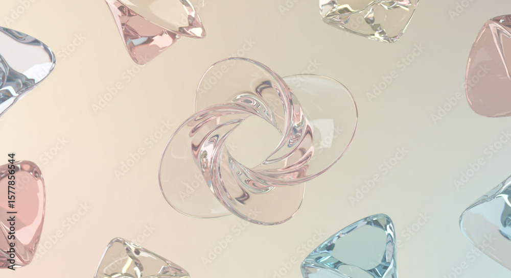 Poster Abstract clear shapes floating with a central twisted ring on a gradient pastel background