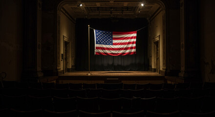 American flag hanging on a pole on a stage in a dark theater with empty seats and dark background