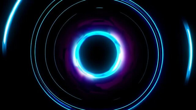 NEON circle. Futuristic background. Multiple lines swirls. Blue and pink colors. Glowing ring. Isolated on black