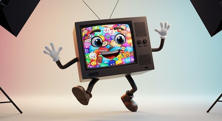 a character, a television with legs, arms and an animated face, in cartoon format