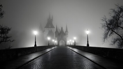 Obraz premium Mysterious View of Charles Bridge and Prague Castle in Fog