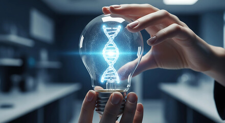 A light bulb with a glowing dna strand inside is held by hands, symbolizing scientific innovation and research