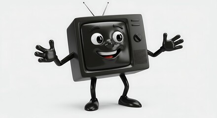 a character, a television with legs, arms and an animated face, in cartoon format