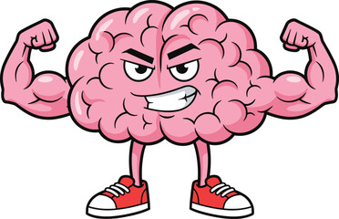 Cartoon strong brain character flexing muscles, smart intelligence mascot vector, confident brain fitness concept, 