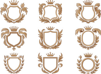 Collection of ornate heraldic crests and shields with crowns and laurel wreaths