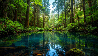 Fototapeta premium Serene Forest Oasis Crystal Clear Water Reflecting the Verdant Canopy of a Dense Woodland