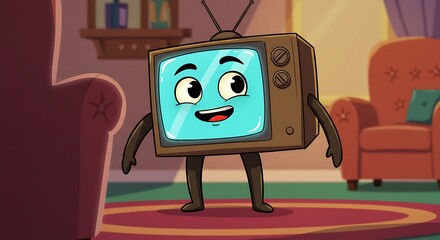 a character, a television with legs, arms and an animated face, in cartoon format