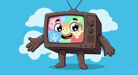 a character, a television with legs, arms and an animated face, in cartoon format