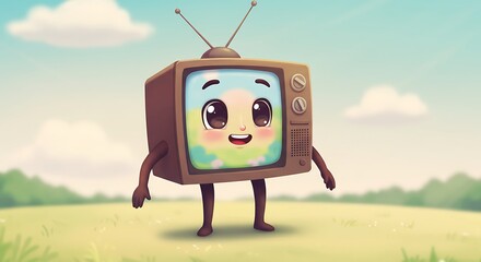 a character, a television with legs, arms and an animated face, in cartoon format