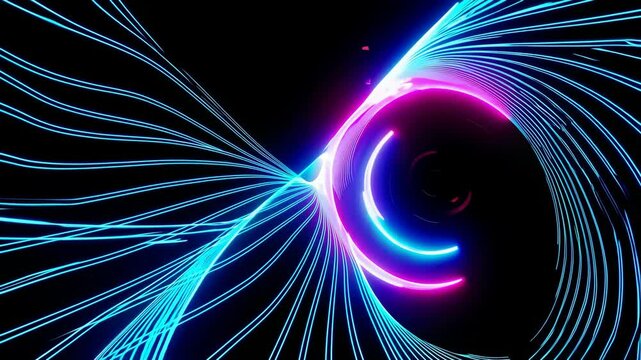 NEON circle. Futuristic background. Multiple lines swirls. Blue and pink colors. Glowing ring. Isolated on black