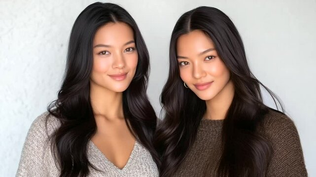 Natural light photo of radiant Asian women with flawless complexions and smooth sleek hair standing side-by-side against a white backdrop, each glowing with healthy skin and inner