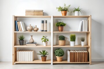 A wooden bookshelf filled with plants, books, and decorative items against a white wall