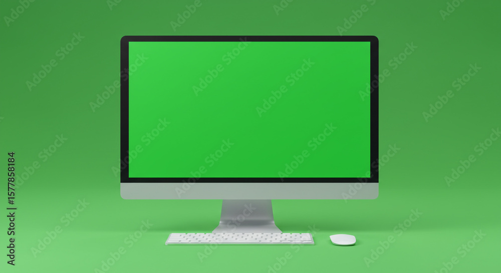 Fototapete A computer with a green screen display on a green background with a keyboard and mouse set up