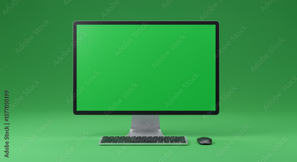 Fototapete Computer with green screen display keyboard and mouse on a matching green background studio shot