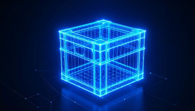 Glowing, blue, wireframe box on dark background - Powered by Adobe