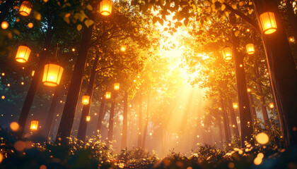 Obraz premium Enchanted Forest Illumination A Magical Scene with Lanterns and Sunbeams