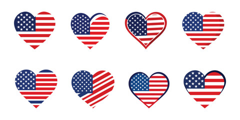 set of eight heart-shaped American flag icons – USA patriotic symbols for independence day designs