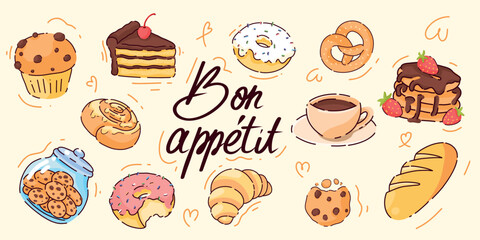 Sweet vector sticker set with cookies, coffee, croissants, pretzels & more. Includes 'Bon Appétit' text. Perfect for foodies, planners & digital projects. Flat cartoon style