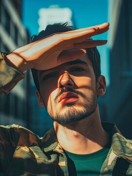 man placing hand on forehead salute gesture