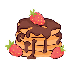 Vector illustration of a freshly baked pancake with strawberries and chocolate Delicious and bright pastries. Menu design, posters, postcards