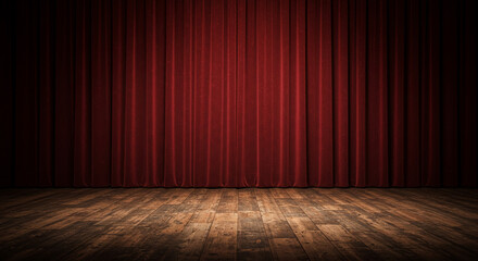 Red Velvet Stage Curtains on Vintage Wooden Floor Theater Performance Art Backdrop Design Event Show