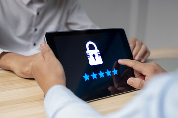 Cybersecurity and Privacy Technology. businessman login security password on mobile tablet in meeting room office, cyber internet security, internet access network technology, authentication concept
