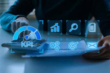 business people calculate finance document with KPI dashboard diagram, online advertising technology, digital advertisement, key performance indicator, business financial strategy, marketing concept