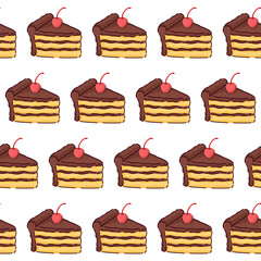 Bright seamless pattern with sweet pastries. Doodle stickers. For textiles, brand, clothing, wallpaper. Kitchen design, restaurants and menus
