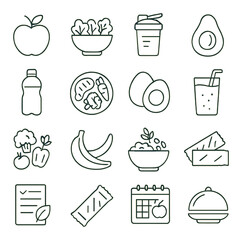 Nutrition icons collection, healthy eating symbols. food and wellness graphics set