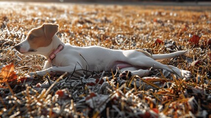Close-up Portrait of an Adorable White Puppy Lying on a Grate in Winter