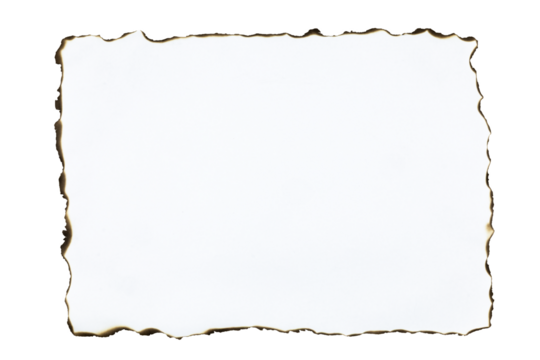 Old white paper with burnt edges. Vintage and grunge frame texture for a message, letter, or rustic design project. isolated on white background with clipping path.