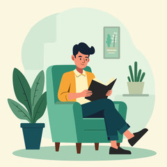 Person reading a book in an armchair, relaxed mood, representing leisure time, on a light background with copy space