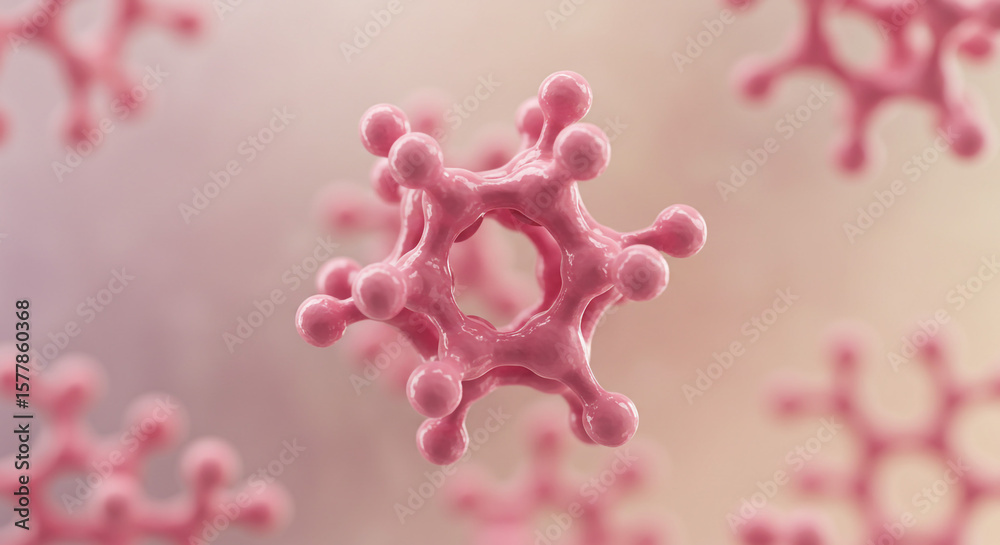 Poster close up of pink molecules with spherical ends arranged in a hexagonal structure floating in space