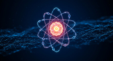 Glowing atom model with orbiting electrons on a dark blue background and connected network lines
