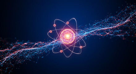 Atom with glowing nucleus and orbiting electrons surrounded by connected particles on dark blue background